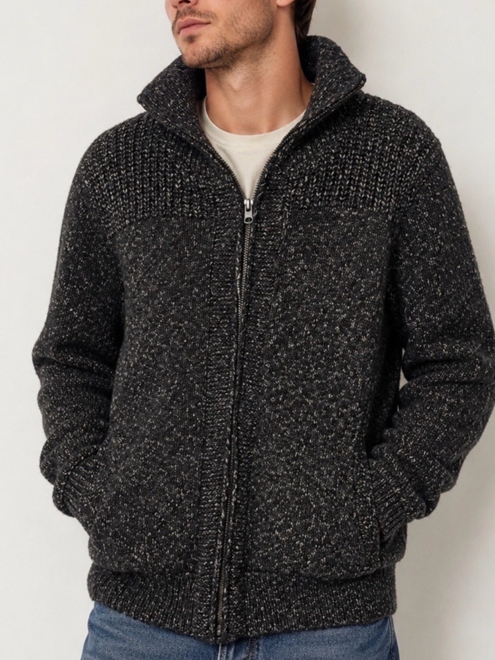 Schott NYC Fleece Lined Charcoal Knit Zip-Up Sweater Jacket, Chunky Cardigan